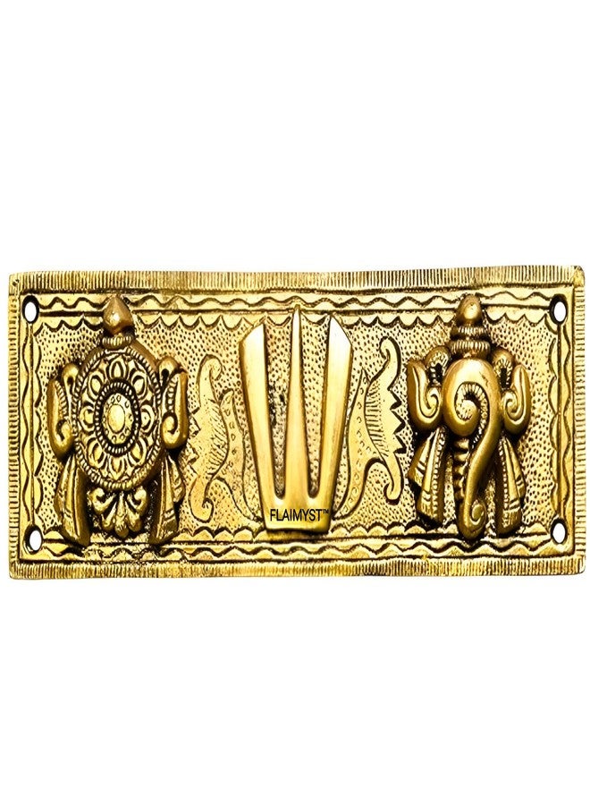 FLAIMYST Shank Chakra Tilak for Door Entrance in Aluminium Metal, Tirupati Door Wall Hanging Shankh Chakra Namah Decorative for Home, Office, Room, Religious House Warming (Gold Plating Antique) - Image 1